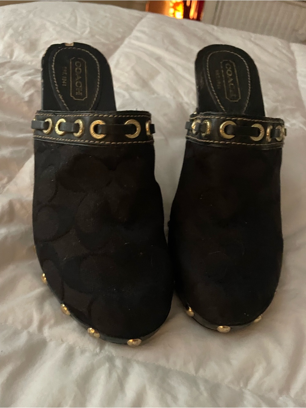 Coach Black Suede Slip-On Mules with Gold Hardware